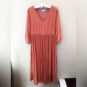 ROOLEE | Warm Pink V-Neck Midi Dress 3/4 Sleeve Pleated Waist | Small